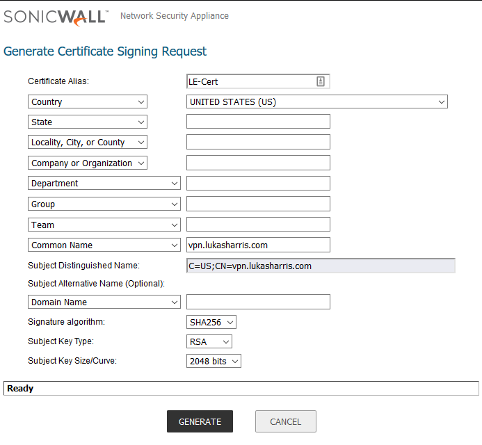 SonicWall Certificate Signing Request form